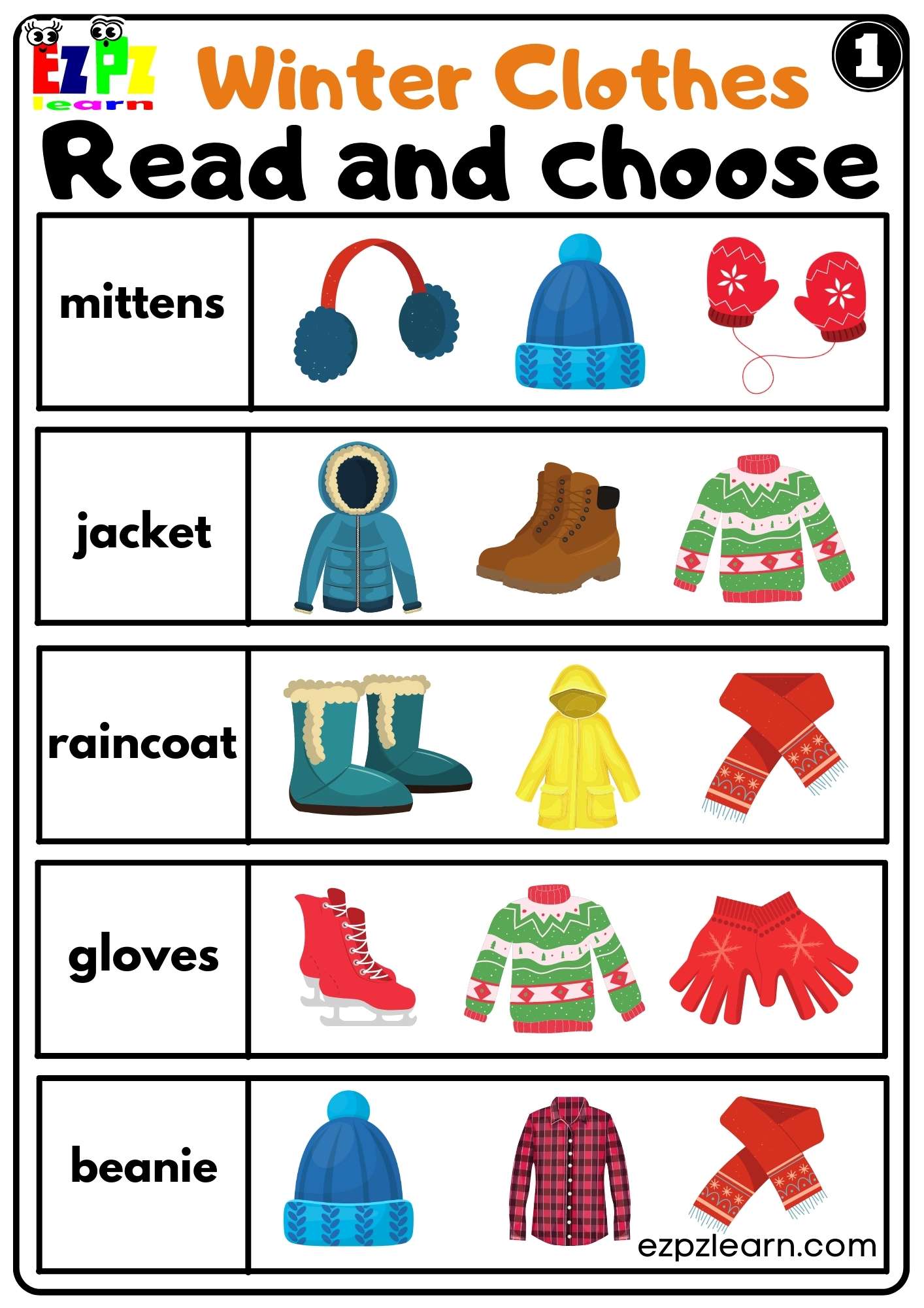 Winter Clothes Read and Choose Worksheet for k5 and ESL PDF Download Set 1